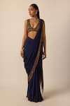 Buy_Vvani by vani vats_Blue Georgette Tassels, Beads, Mirrors Embellished Pre-draped Saree With Blouse _at_Aza_Fashions