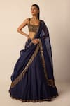 Buy_Vvani by vani vats_Blue Georgette, Organza Mirrors, Beads, Embroidery, Tassels Blouse Lehenga Set _at_Aza_Fashions