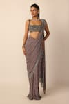 Vvani by vani vats_Grey Georgette Tassels, Beads, Sequins, Linear Pre-draped Saree With Blouse _Online_at_Aza_Fashions