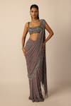 Vvani by vani vats_Grey Georgette Tassels, Beads, Sequins, Linear Pre-draped Saree With Blouse _at_Aza_Fashions