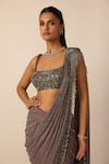 Buy_Vvani by vani vats_Grey Georgette Tassels, Beads, Sequins, Linear Pre-draped Saree With Blouse 