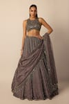 Buy_Vvani by vani vats_Grey Georgette, Organza Crystals, Beads, Mirrors, Linear Lehenga Set _at_Aza_Fashions