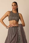 Vvani by vani vats_Grey Georgette, Organza Crystals, Beads, Mirrors, Linear Lehenga Set _Online_at_Aza_Fashions