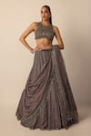 Buy_Vvani by vani vats_Grey Georgette, Organza Crystals, Beads, Mirrors, Linear Lehenga Set _Online_at_Aza_Fashions