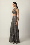Vvani by vani vats_Grey Net, Georgette Mirrors, Beads V-neck Embroidered Blouse And Sharara Set _Online_at_Aza_Fashions