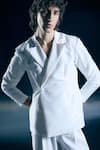 Nirmooha_Ivory Satin, Microfiber Altius Aura Double Breasted Blazer Set _Online_at_Aza_Fashions