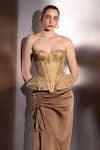 Label Muslin_Gold Brocade, Satin Sweetheart Neck Ophelia Peplum Corset Set _Online_at_Aza_Fashions