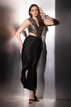 Buy_Label Muslin_Black Brocade, Satin, Silk Zari V-neck Shadowkine Corset And Skirt Set _at_Aza_Fashions