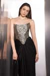 Buy Label Muslin Black Brocade, Satin, Silk Metallic Thread Contour Draped Skirt And Corset Set Buy_Label Muslin_Black Brocade, Satin, Silk Metallic Thread Contour Draped Skirt And Corset Set