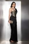 Shop_Label Muslin_Black Silk, Satin, Brocade Metallic Thread Sweetheart Neck Noir Draped Saree Set _at_Aza_Fashions