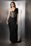 Buy_Label Muslin_Black Silk, Satin, Brocade Metallic Thread Sweetheart Neck Noir Draped Saree Set _at_Aza_Fashions