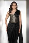 Buy_Label Muslin_Black Silk, Satin, Brocade Metallic Thread Sweetheart Neck Noir Draped Saree Set _Online_at_Aza_Fashions
