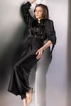 Buy_Label Muslin_Black Silk, Satin Studs Collared, V-neck Embellished Shirt And Skirt Set _Online_at_Aza_Fashions