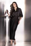 Label Muslin_Black Silk, Satin Studs Collared, V-neck Embellished Shirt And Skirt Set _at_Aza_Fashions