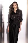 Buy_Label Muslin_Black Silk, Satin Studs Collared, V-neck Embellished Shirt And Skirt Set 