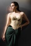 Label Muslin_Gold Brocade, Satin Embroidery Sweetheart Neck Sculpted Corset Skirt Set _at_Aza_Fashions