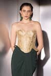 Shop_Label Muslin_Gold Brocade, Satin Embroidery Sweetheart Neck Sculpted Corset Skirt Set 