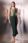 Shop_Label Muslin_Green Satin, Silk, Brocade Embroidery Sweetheart Neck Scallop Edge Corset Set _at_Aza_Fashions