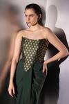 Shop_Label Muslin_Green Brocade, Silk, Satin Bandeau Neck Corset And Draped Skirt Set _Online_at_Aza_Fashions
