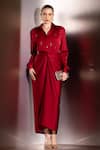 Buy_Label Muslin_Maroon Brocade, Silk, Satin Collared, V-neck Embellished Shirt And Skirt Set _at_Aza_Fashions
