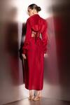 Shop_Label Muslin_Maroon Satin, Brocade Collared, Safety Pin Embellished Shirt And Warp Skirt Set _at_Aza_Fashions