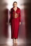 Buy_Label Muslin_Maroon Satin, Brocade Collared, Safety Pin Embellished Shirt And Warp Skirt Set _at_Aza_Fashions