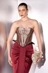 Shop_Label Muslin_Wine Brocade, Satin Embroidery Sweetheart Neck Valencia Peplum Corset Set _Online_at_Aza_Fashions