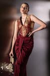 Buy_Label Muslin_Wine Brocade, Satin, Silk V-neck Isadora Shadow Corset Set _Online_at_Aza_Fashions