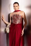 Label Muslin_Maroon Brocade, Satin, Silk Bandeau Neck Crimson Vesper Corset Set _at_Aza_Fashions