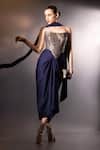 Label Muslin_Navy Brocade, Satin, Silk Zari Bandeau Neck Contour Draped Skirt And Corset Set _Online_at_Aza_Fashions