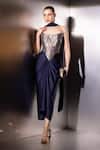 Shop_Label Muslin_Navy Brocade, Satin, Silk Zari Bandeau Neck Contour Draped Skirt And Corset Set _Online_at_Aza_Fashions