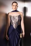 Label Muslin_Navy Brocade, Satin, Silk Zari Bandeau Neck Contour Draped Skirt And Corset Set _at_Aza_Fashions