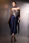Buy_Label Muslin_Navy Brocade, Satin, Silk Zari Bandeau Neck Contour Draped Skirt And Corset Set _at_Aza_Fashions