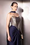 Buy_Label Muslin_Navy Brocade, Satin, Silk Zari Bandeau Neck Contour Draped Skirt And Corset Set 