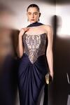 Shop_Label Muslin_Navy Brocade, Satin, Silk Zari Bandeau Neck Contour Draped Skirt And Corset Set 