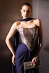 Label Muslin_Navy Brocade, Satin, Silk Zari Bandeau Neck Contour Draped Skirt And Corset Set _Online