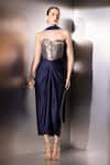 Buy_Label Muslin_Blue Brocade, Satin, Silk Sweetheart Neck Nyra Contour Corset And Draped Skirt Set _at_Aza_Fashions