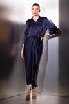 Buy Label Muslin Blue Satin Collared, V-neck Safety Pin Embellished Shirt And Skirt Set at Aza Fashions Buy_Label Muslin_Blue Satin Collared, V-neck Safety Pin Embellished Shirt And Skirt Set _at_Aza_Fashions