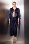 Buy Label Muslin Blue Satin, Silk, Brocade Collared, Safety Pin Embellished Shirt And Skirt Set at Aza Fashions Buy_Label Muslin_Blue Satin, Silk, Brocade Collared, Safety Pin Embellished Shirt And Skirt Set _at_Aza_Fashions