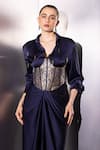 Label Muslin Blue Satin, Silk, Brocade Collared, Safety Pin Embellished Shirt And Skirt Set Online at Aza Fashions Label Muslin_Blue Satin, Silk, Brocade Collared, Safety Pin Embellished Shirt And Skirt Set _Online_at_Aza_Fashions