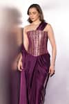 Label Muslin_Purple Brocade, Satin, Silk Zari, Embroidery Pre-draped Saree With Corset _at_Aza_Fashions