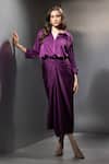 Buy Label Muslin Purple Satin Studs Collared, V-neck Safety Pin Embellished Shirt And Skirt Set at Aza Fashions Buy_Label Muslin_Purple Satin Studs Collared, V-neck Safety Pin Embellished Shirt And Skirt Set _at_Aza_Fashions