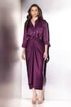 Shop Label Muslin Purple Satin Studs Collared, V-neck Safety Pin Embellished Shirt And Skirt Set at Aza Fashions Shop_Label Muslin_Purple Satin Studs Collared, V-neck Safety Pin Embellished Shirt And Skirt Set _at_Aza_Fashions