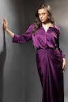 Label Muslin Purple Satin Studs Collared, V-neck Safety Pin Embellished Shirt And Skirt Set Online at Aza Fashions Label Muslin_Purple Satin Studs Collared, V-neck Safety Pin Embellished Shirt And Skirt Set _Online_at_Aza_Fashions