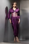 Buy Label Muslin Purple Satin, Brocade Collared, Safety Pin Embellished Shirt Set With Corset at Aza Fashions Buy_Label Muslin_Purple Satin, Brocade Collared, Safety Pin Embellished Shirt Set With Corset _at_Aza_Fashions