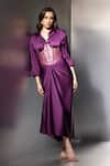 Shop Label Muslin Purple Satin, Brocade Collared, Safety Pin Embellished Shirt Set With Corset at Aza Fashions Shop_Label Muslin_Purple Satin, Brocade Collared, Safety Pin Embellished Shirt Set With Corset _at_Aza_Fashions