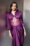 Buy Label Muslin Purple Satin, Brocade Collared, Safety Pin Embellished Shirt Set With Corset Online at Aza Fashions Buy_Label Muslin_Purple Satin, Brocade Collared, Safety Pin Embellished Shirt Set With Corset _Online_at_Aza_Fashions