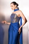 Label Muslin_Blue Brocade, Satin, Silk Bandeau Neck Cobalt Vesper Corset Set _Online_at_Aza_Fashions