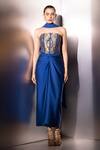 Buy_Label Muslin_Blue Brocade, Satin, Silk Bandeau Neck Cobalt Vesper Corset Set _Online_at_Aza_Fashions