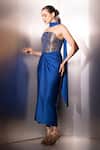 Shop_Label Muslin_Blue Brocade, Satin, Silk Bandeau Neck Cobalt Vesper Corset Set _Online_at_Aza_Fashions
